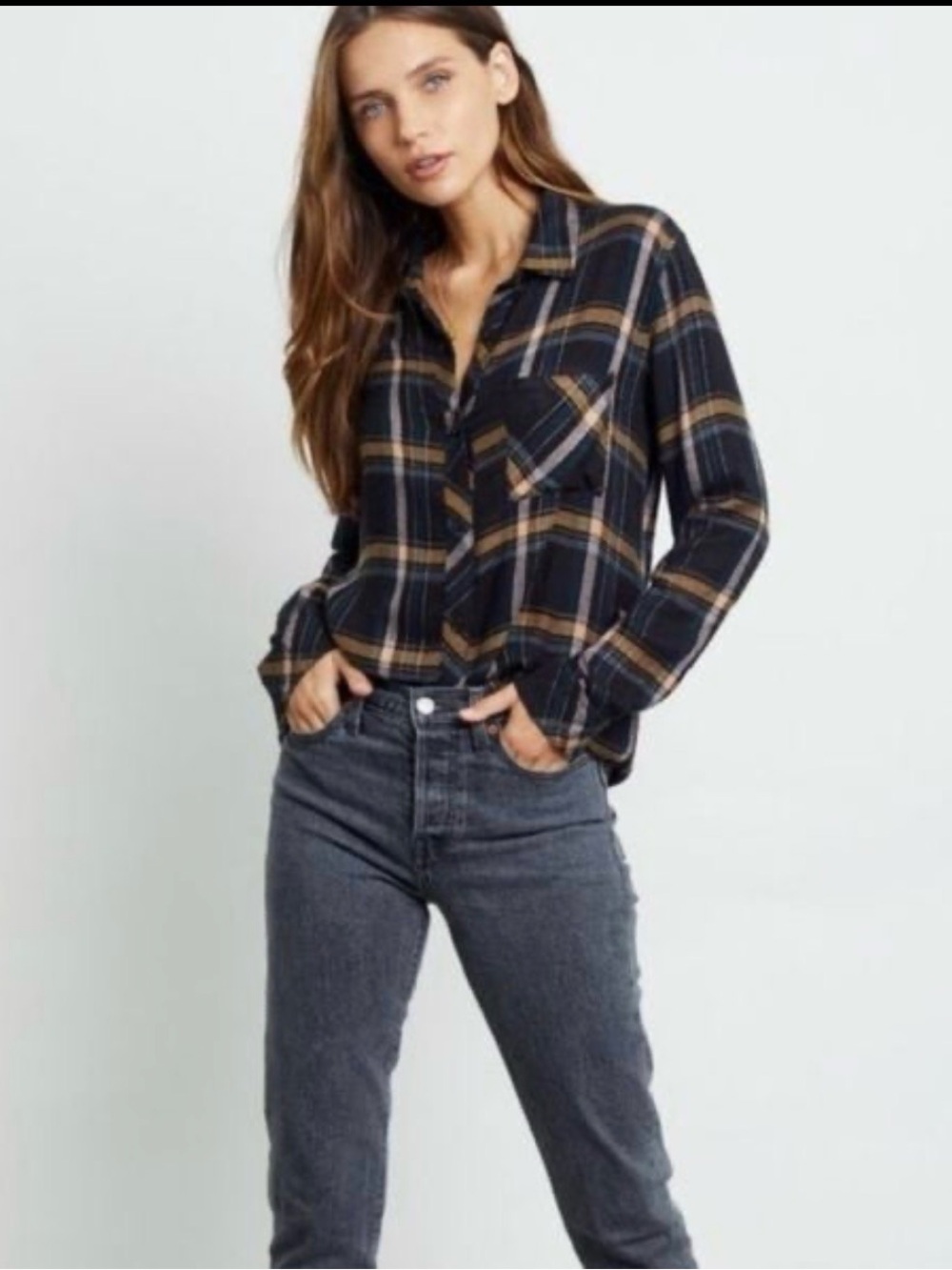 Rails Black Plaid Button-Down Shirt with Tan Accents
